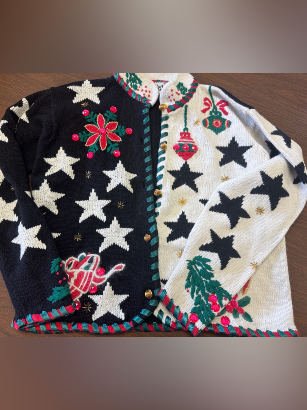 Holiday Star-Pattern Knit Cardigan Sweater in Black & White
